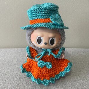 Handmade Crochet Blue Orange Top Hat Outfit for Labubu 2-Piece Set